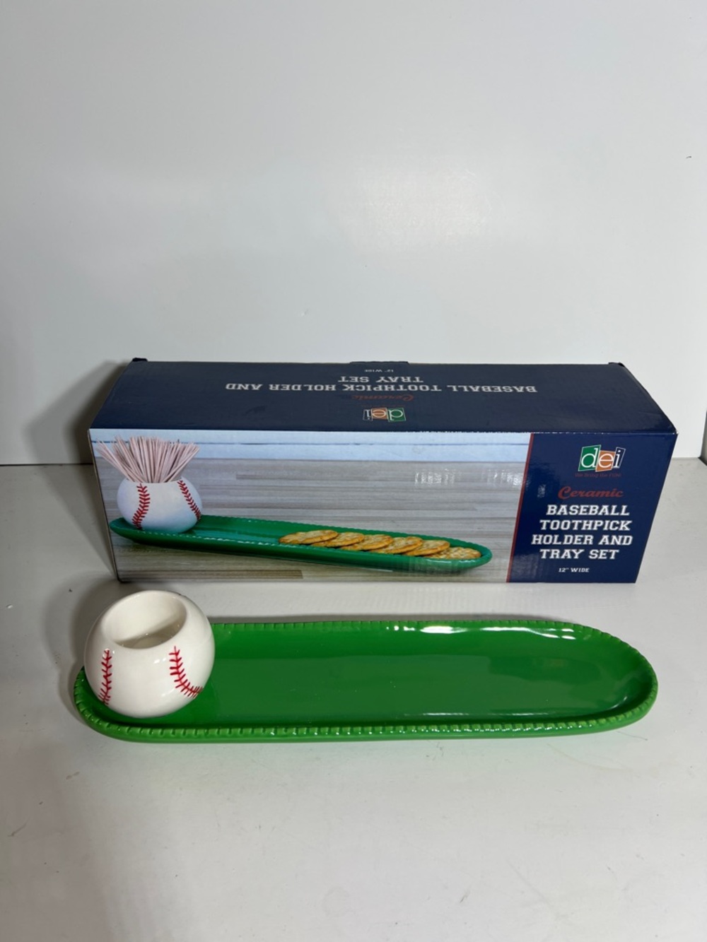 DEI Green Baseball Toothpick Holder and Tray Set